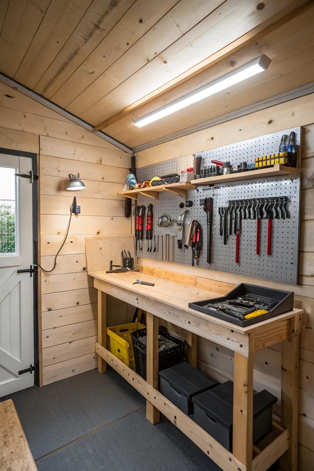 A meticulously arranged workshop space in a small shed.