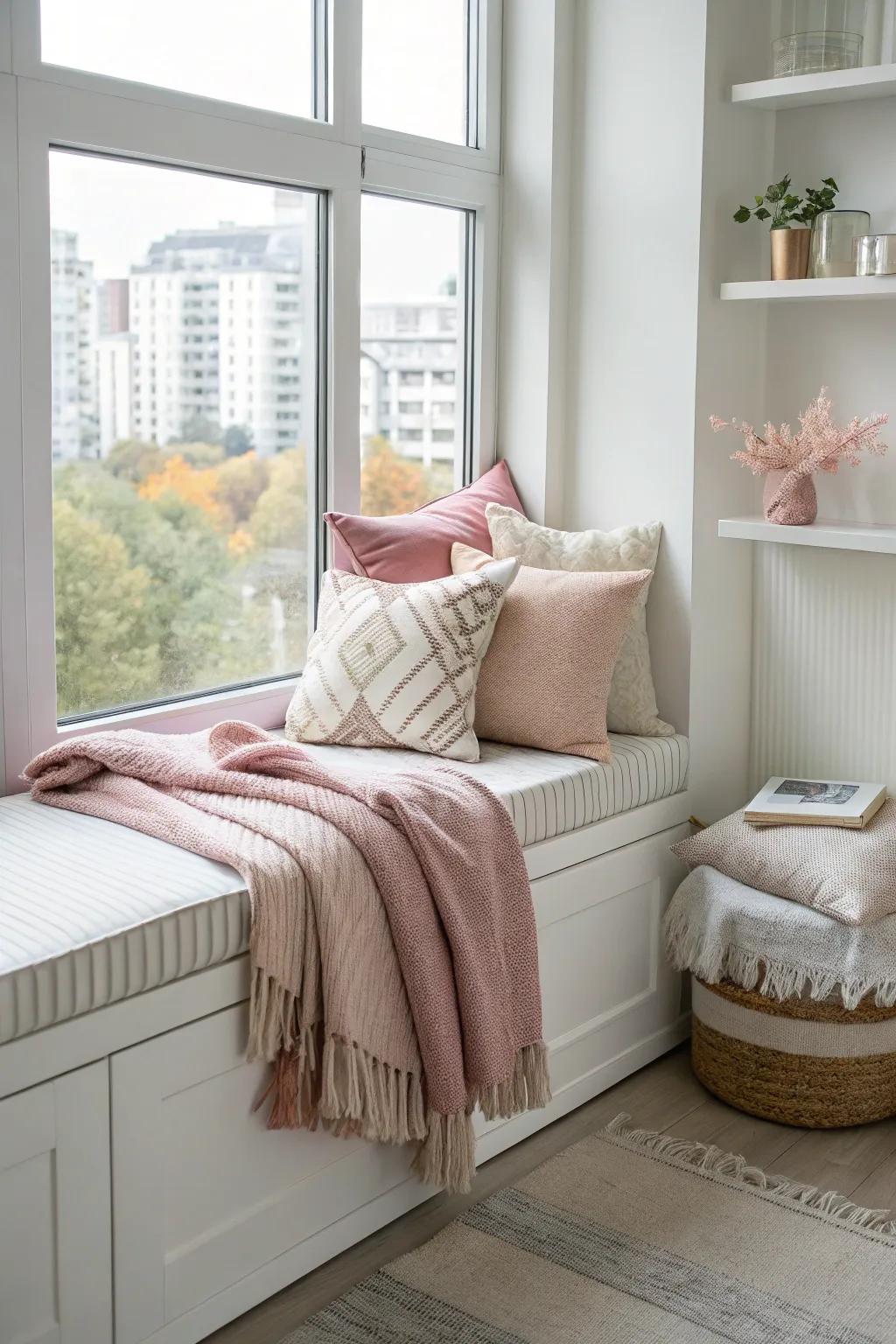 Use of arranged fabrics to create a warm and inviting sitting area.