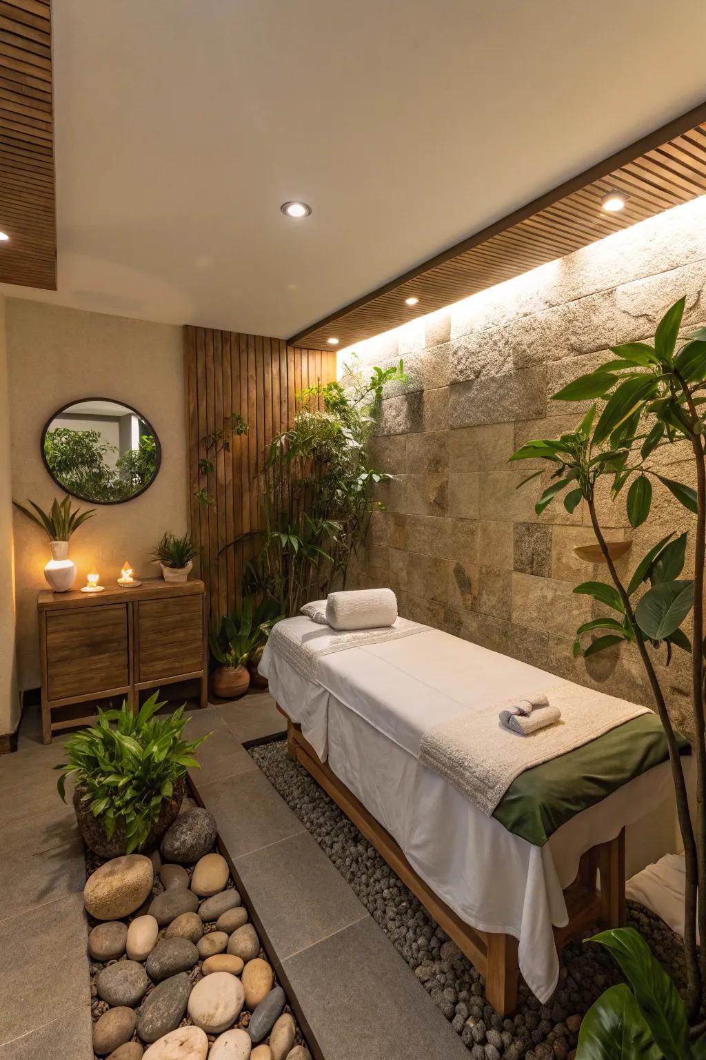 Nature&rsquo;s elements like plants and stones in a spa space