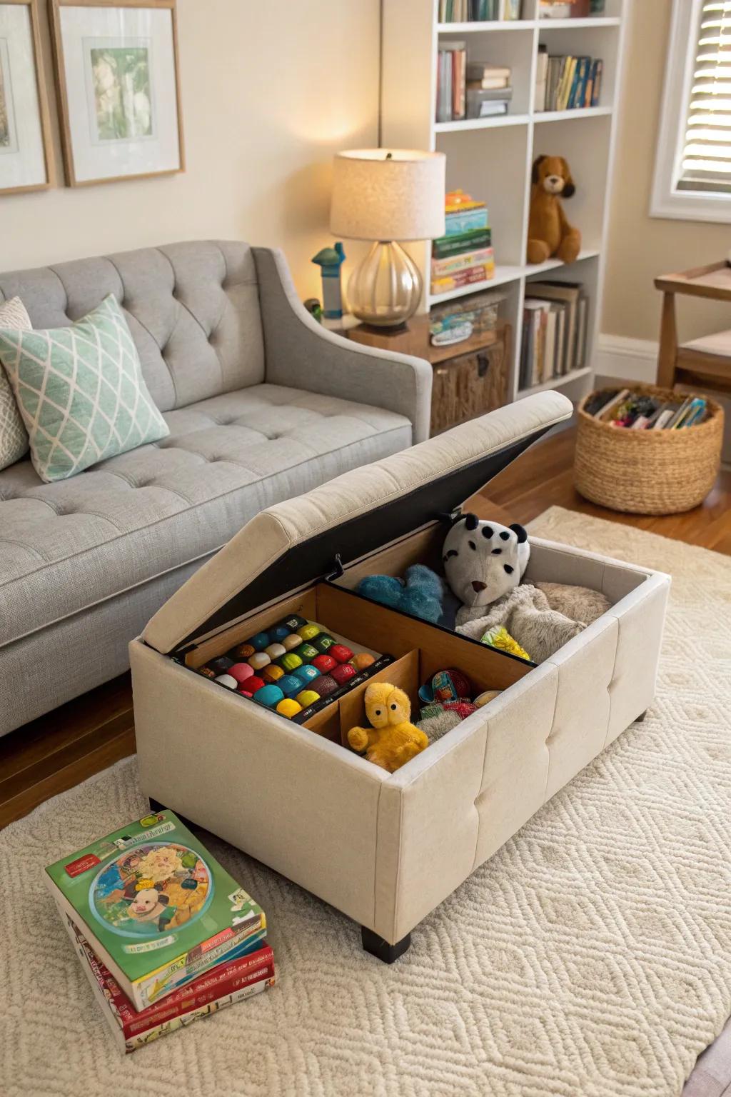 A fashionable ottoman doubles as a secret toy storage unit.