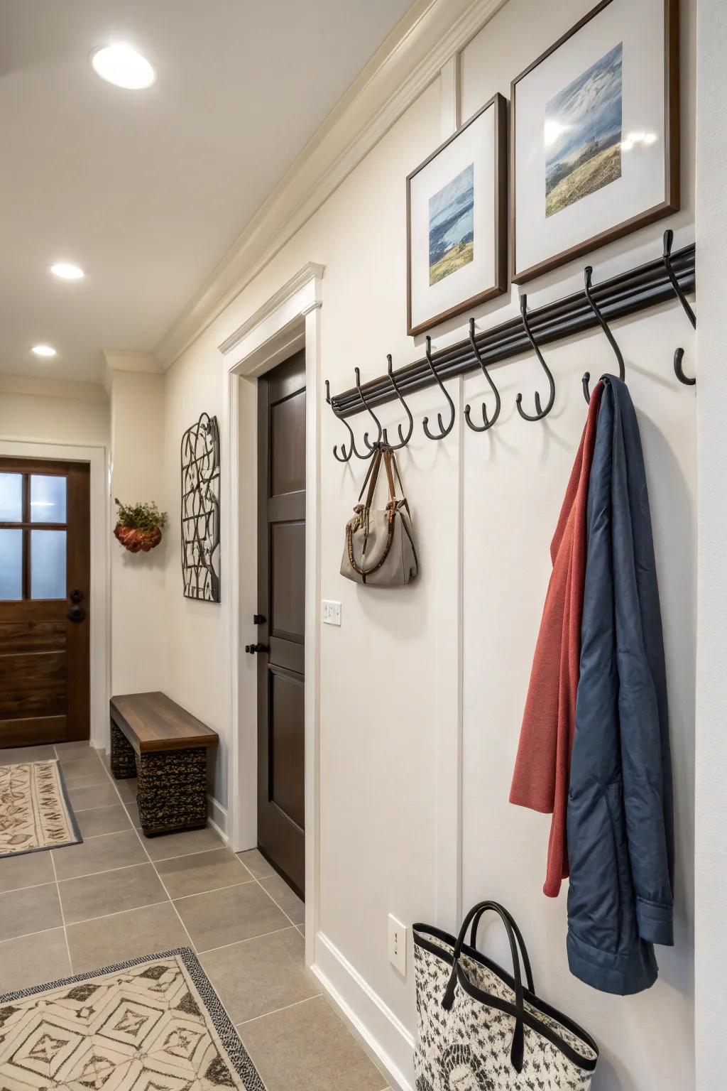 A beautifully decorated entryway featuring practical and stylish elements.