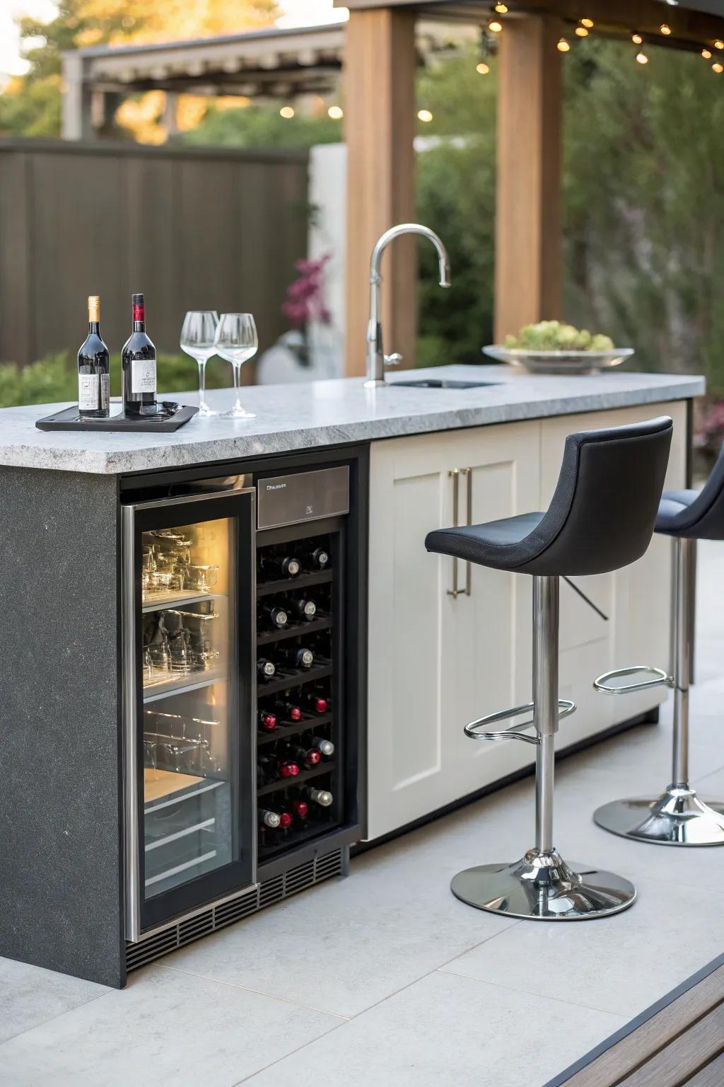 A contemporary small wet bar showcases an integrated wine chiller.