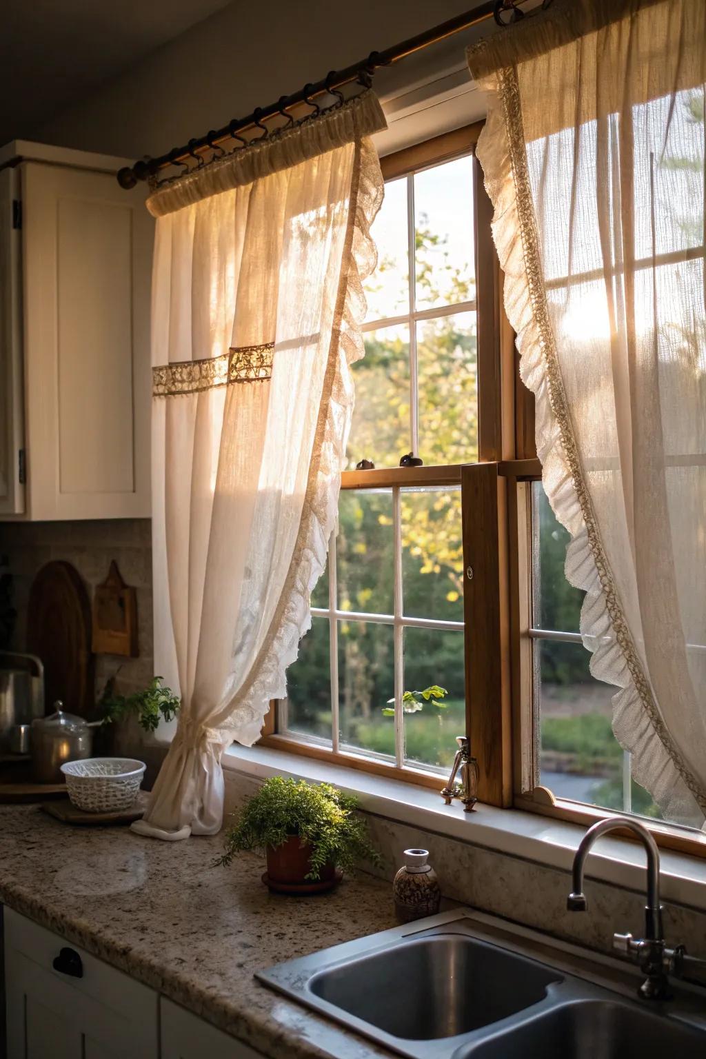 Cafe curtains bring a quaint, charming look to small kitchen windows.