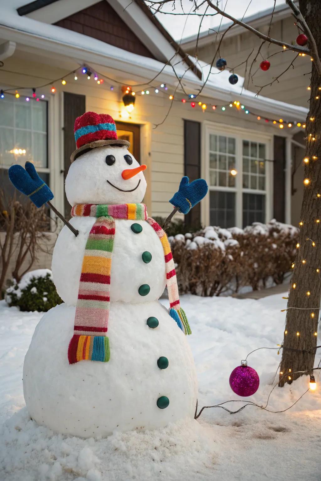 A snowman warmly adorned in vibrant winter accessories.