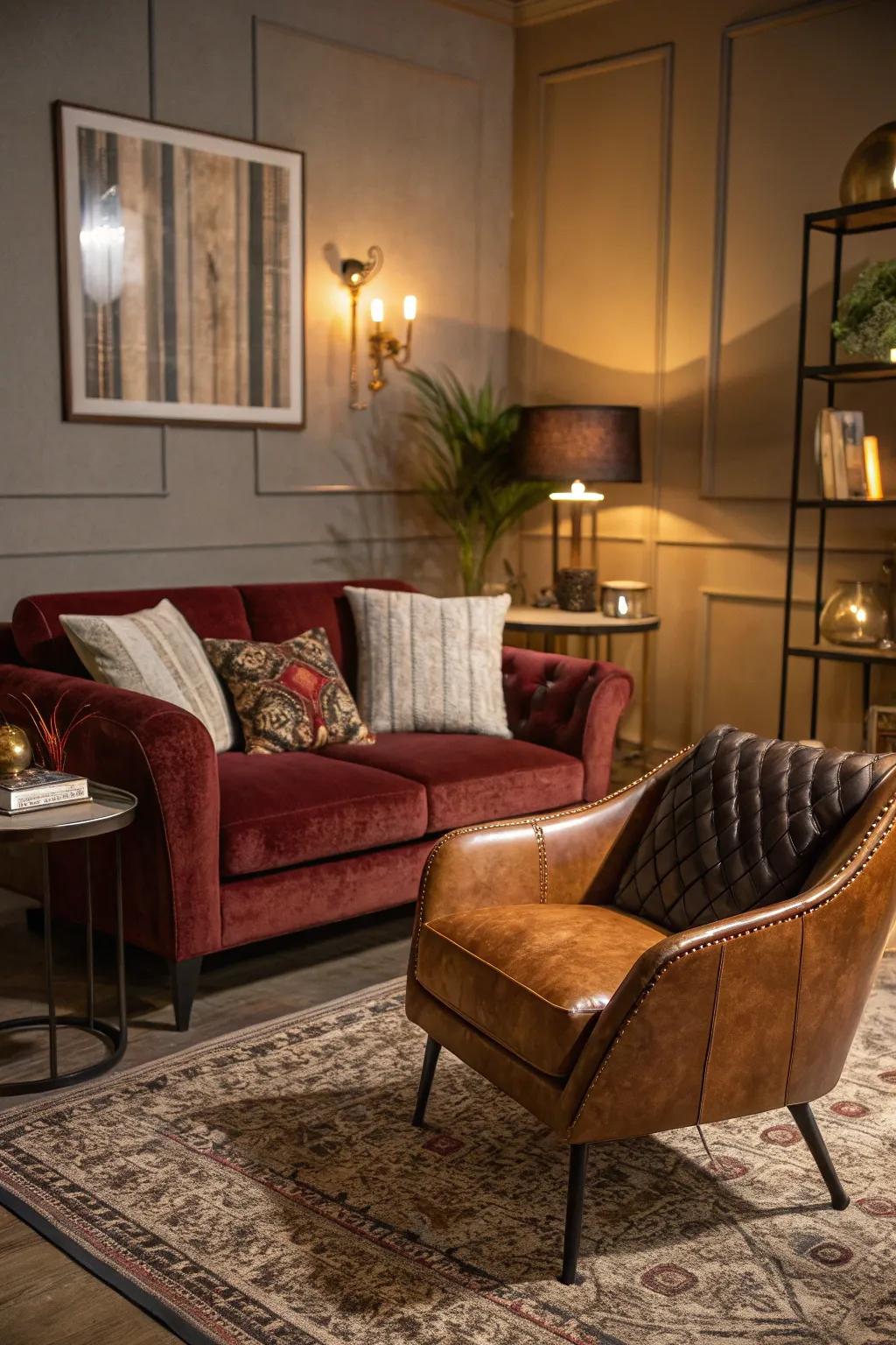 The blend of velvet and leather creates depth and a lush atmosphere in the space.