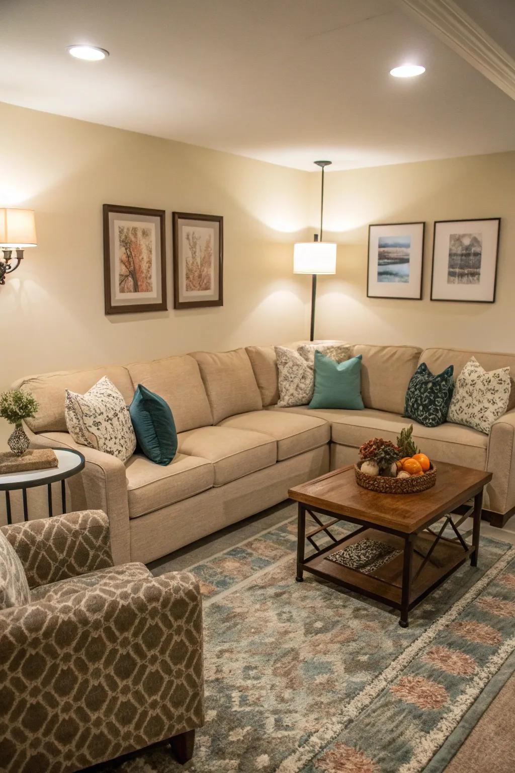 A sectional sofa snugly fitting in the corner of a small living room.