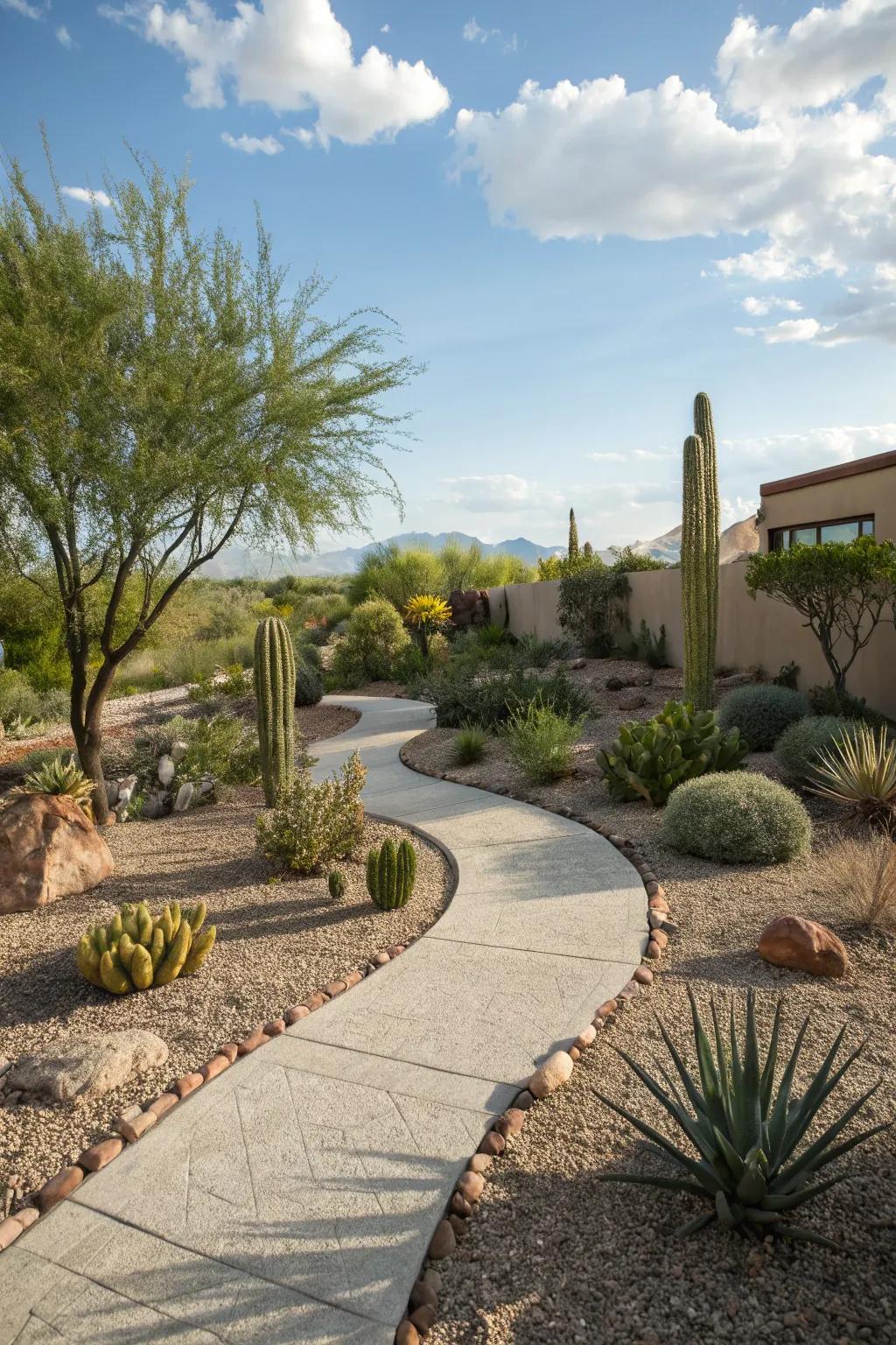 A lovely gravel pathway enhances the southwestern scenery.