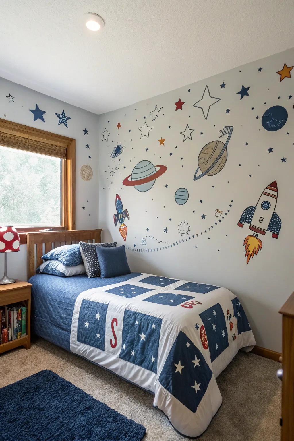 Motifs of astronauts and spacecraft spark imagination and curiosity.