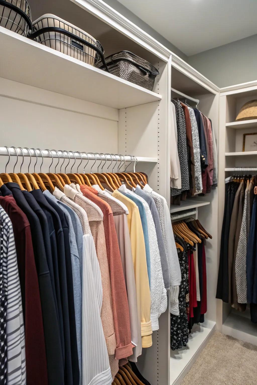 Low-profile hangers present a clean appearance and save space, stopping your clothes from creasing.