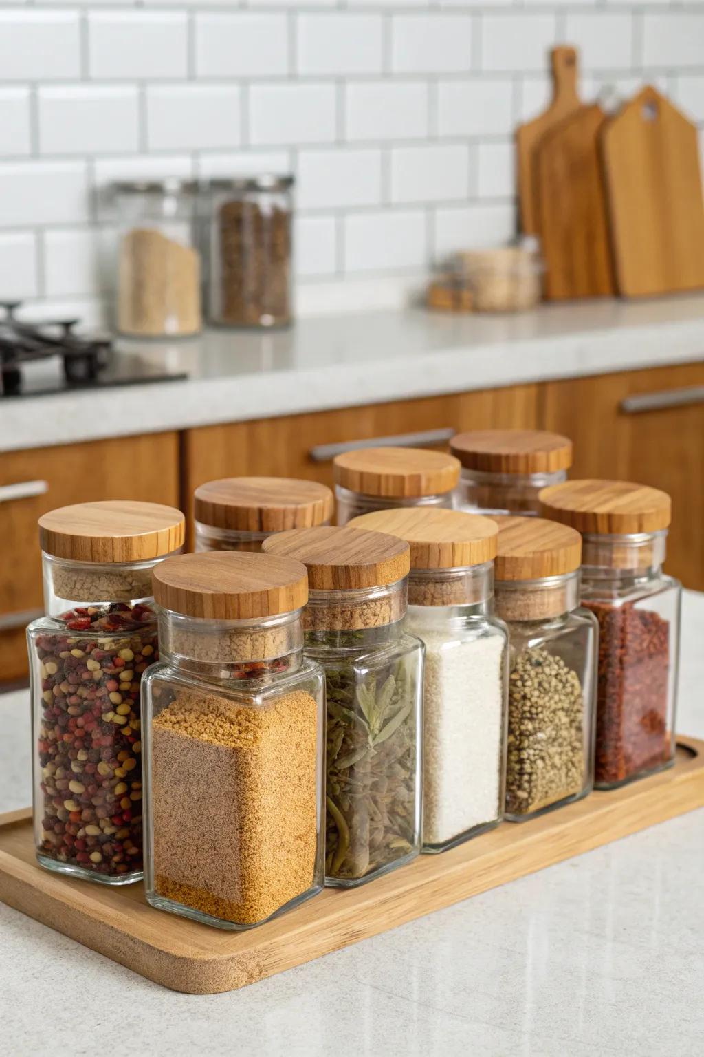 Standardized glass spice containers improve the look of any cooking space.