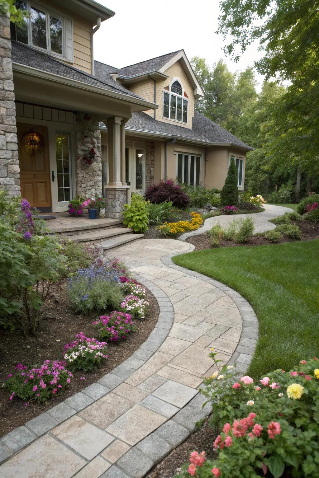 Curved pathways enhance the journey to your front door.