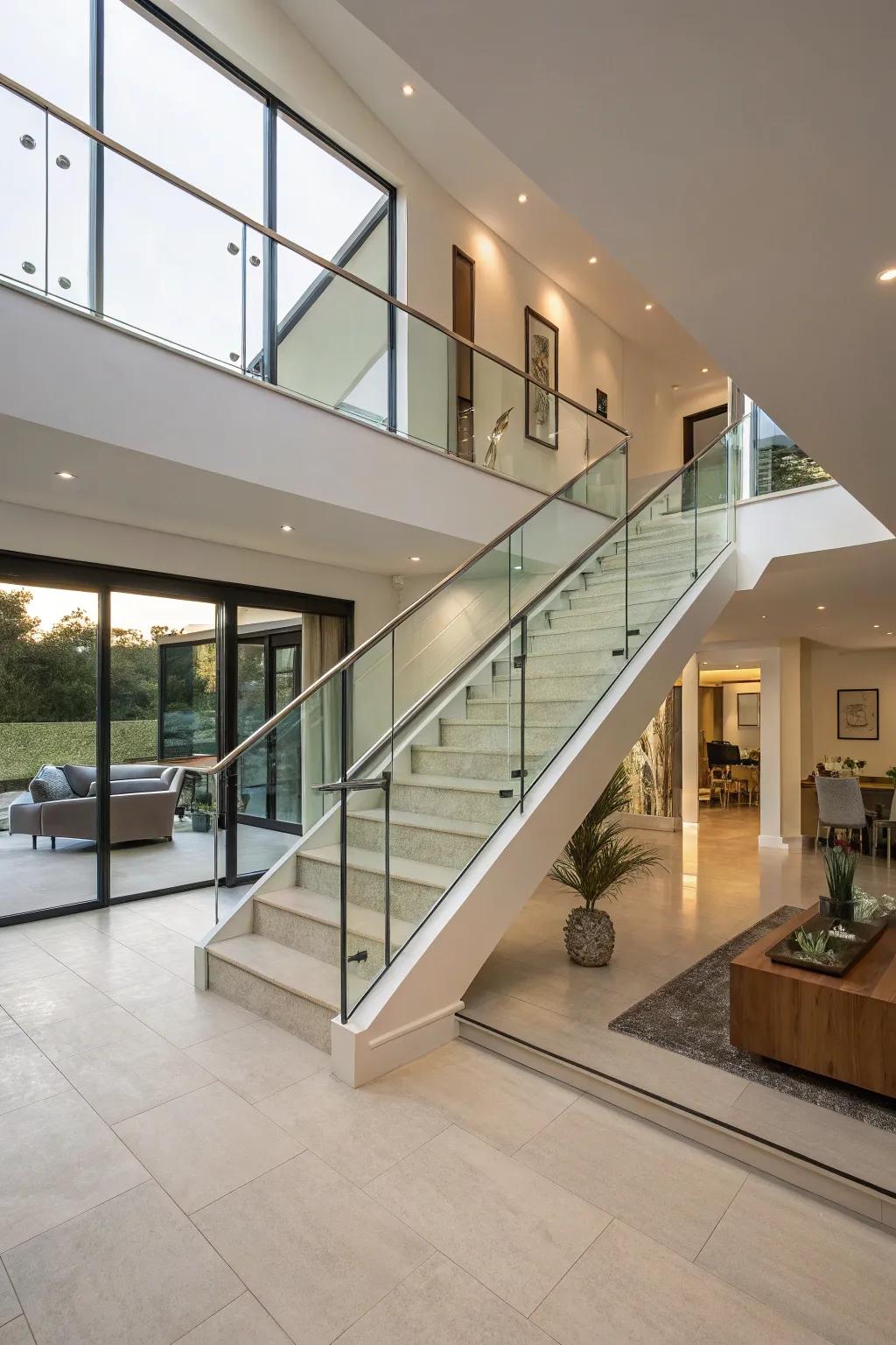 Minimalist glass pane railings that brighten the atmosphere of a split-level home.