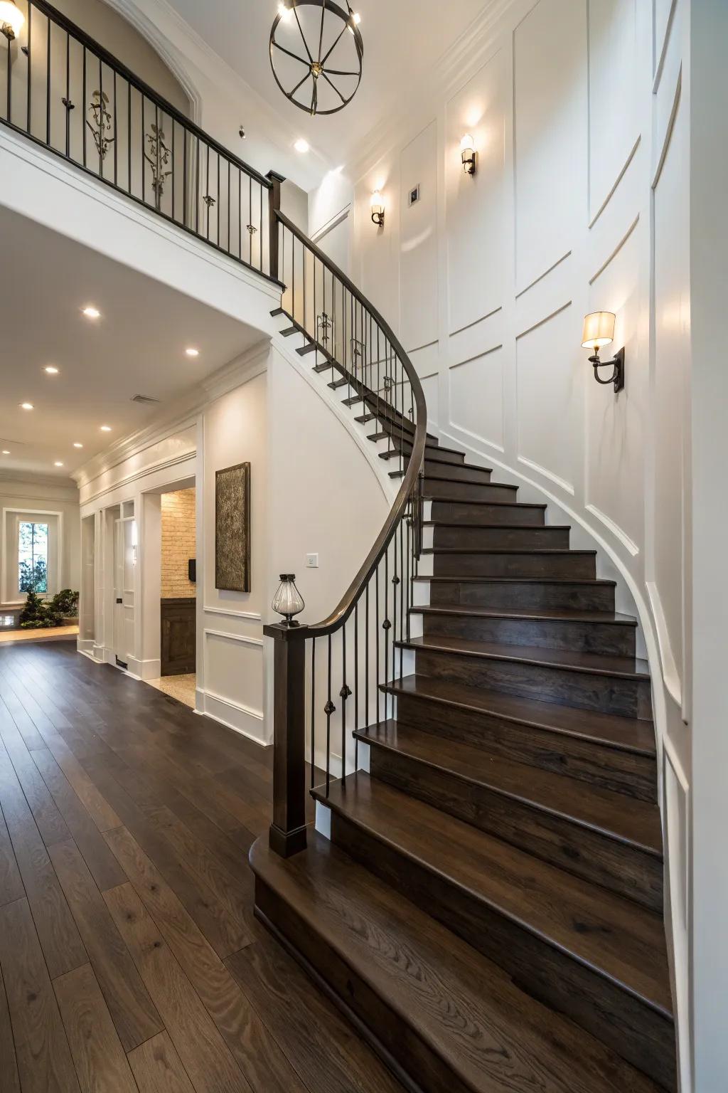 Dark wood steps create a dramatic contrast against light walls.