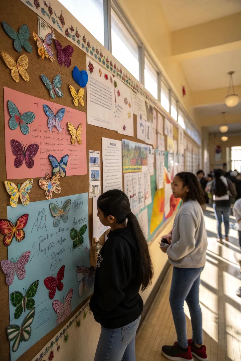A notice board displaying vibrant butterflies and motivational quotes on change and transformation.