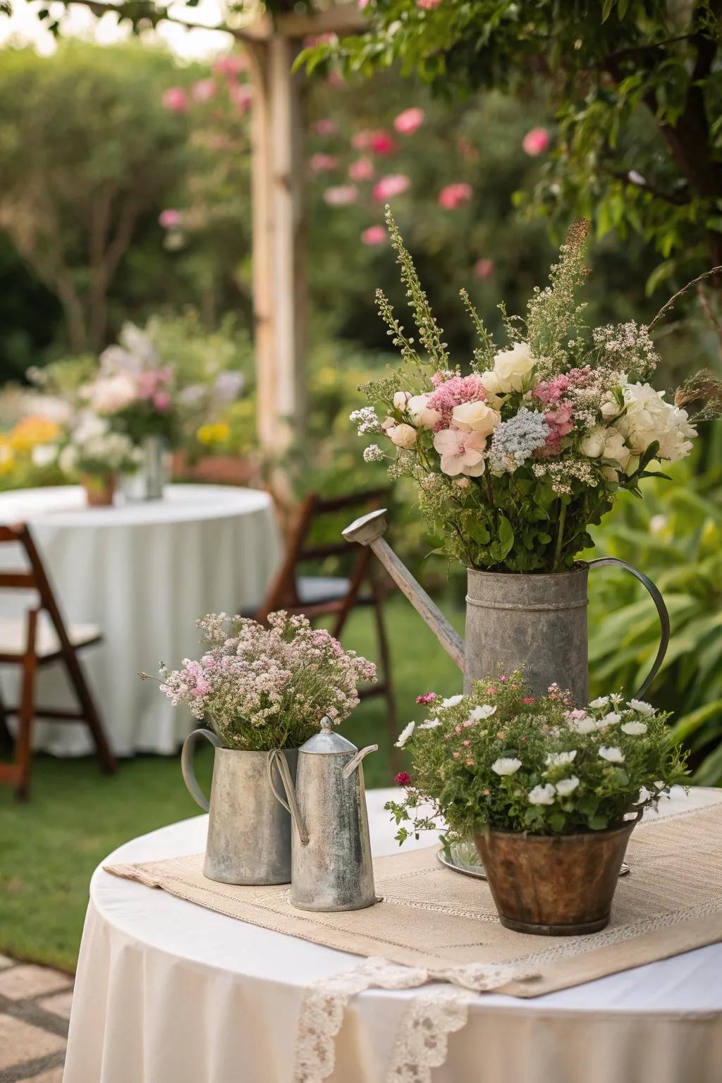 Infuse your event with charm using floral centerpieces presented in antique containers.