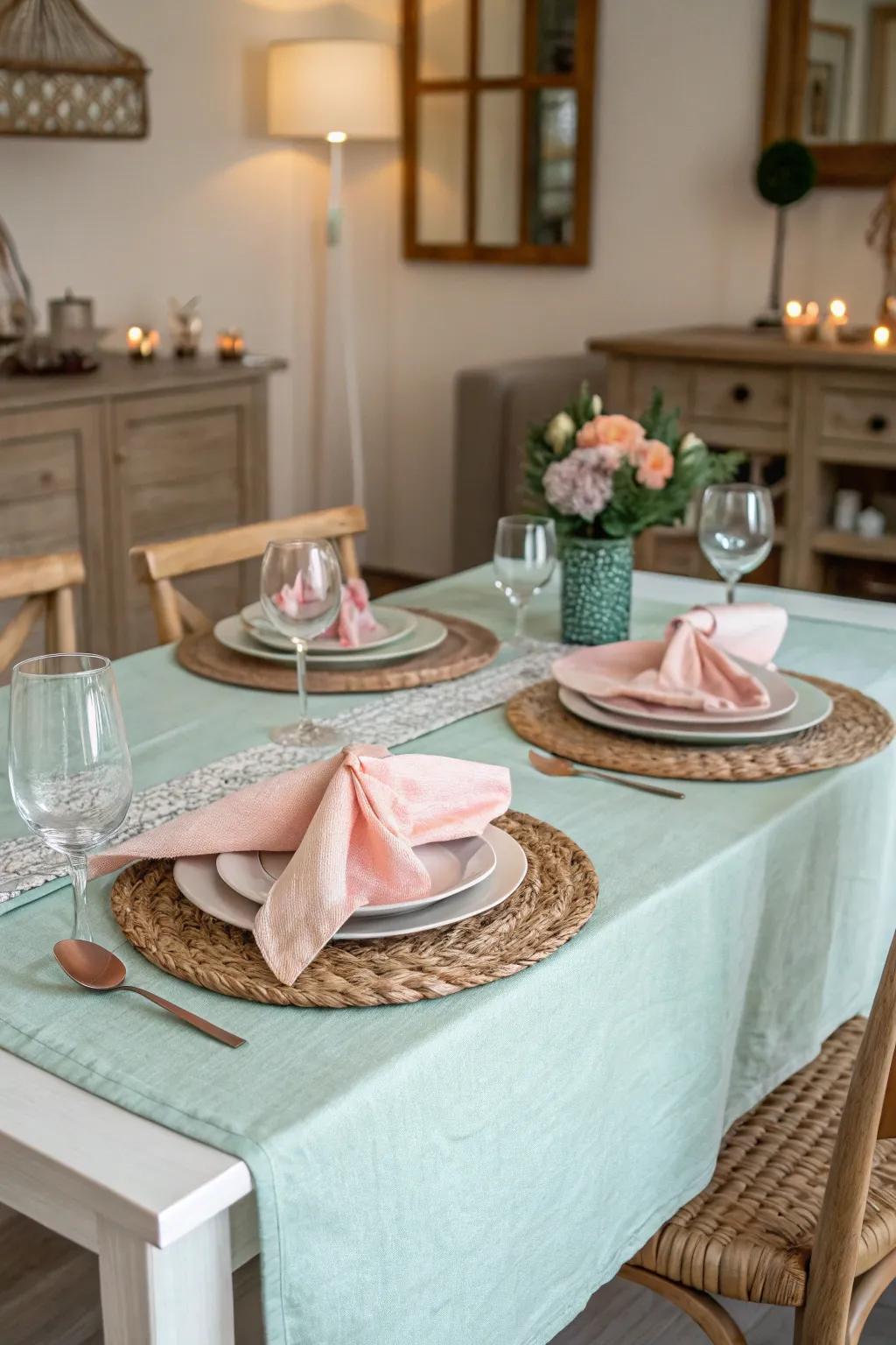 Pastel colors create a tranquil spring table setting.