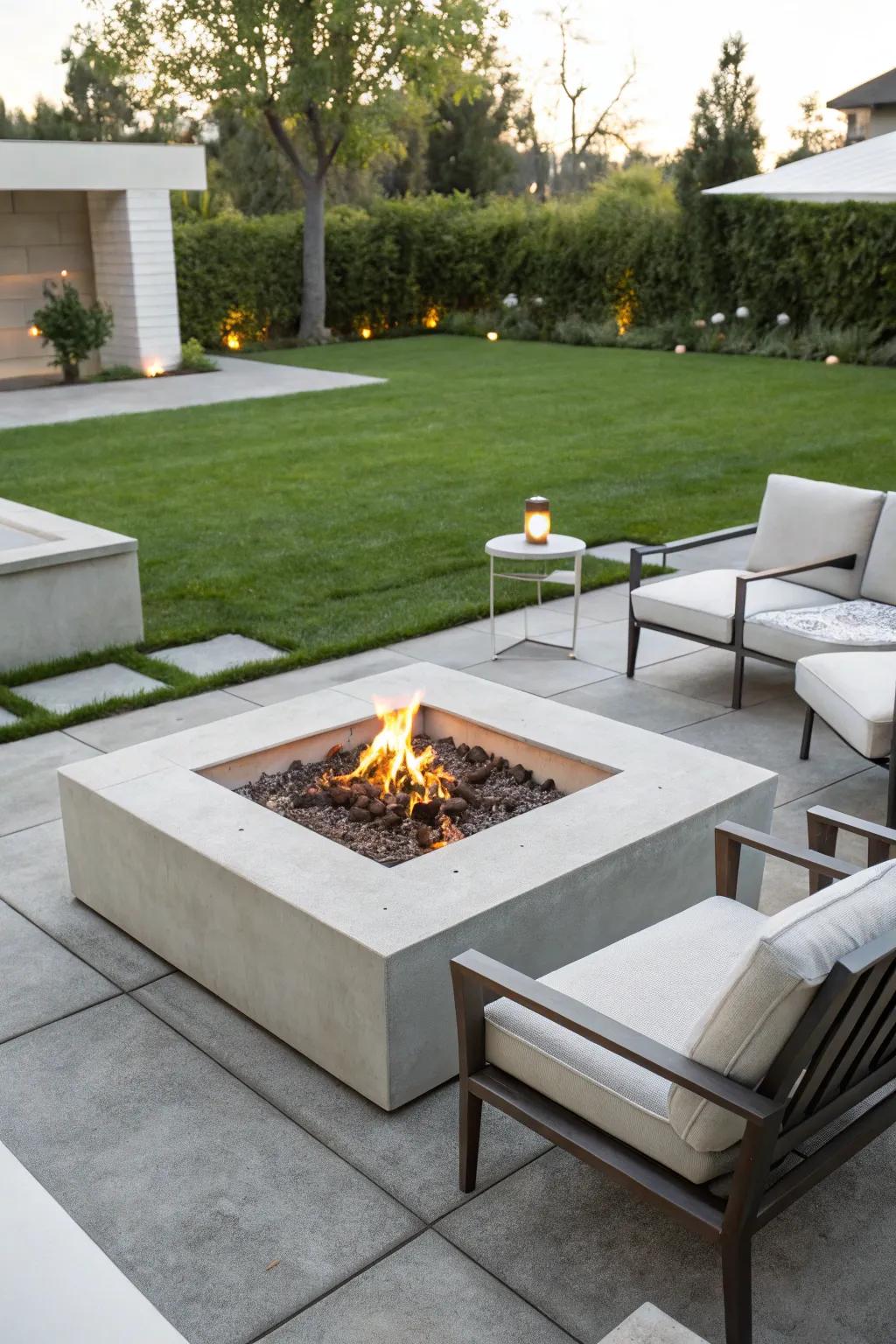 A contemporary concrete fire pit lends a suggestion of modern elegance to any patio.