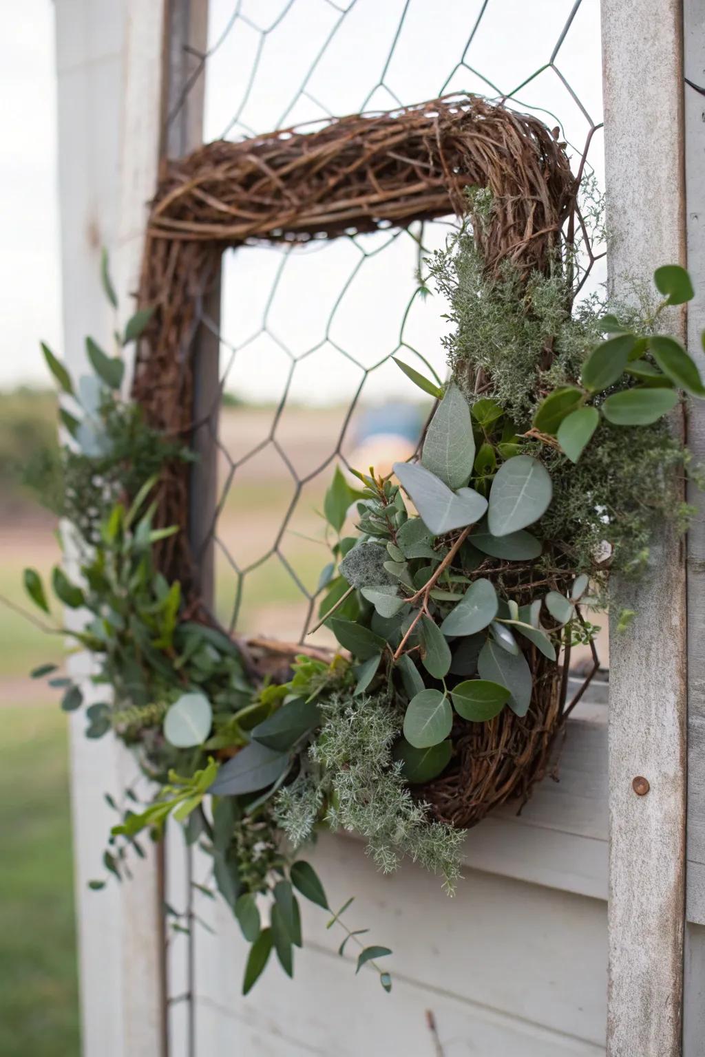 Rustic charm with a grapevine and chicken wire square wreath.