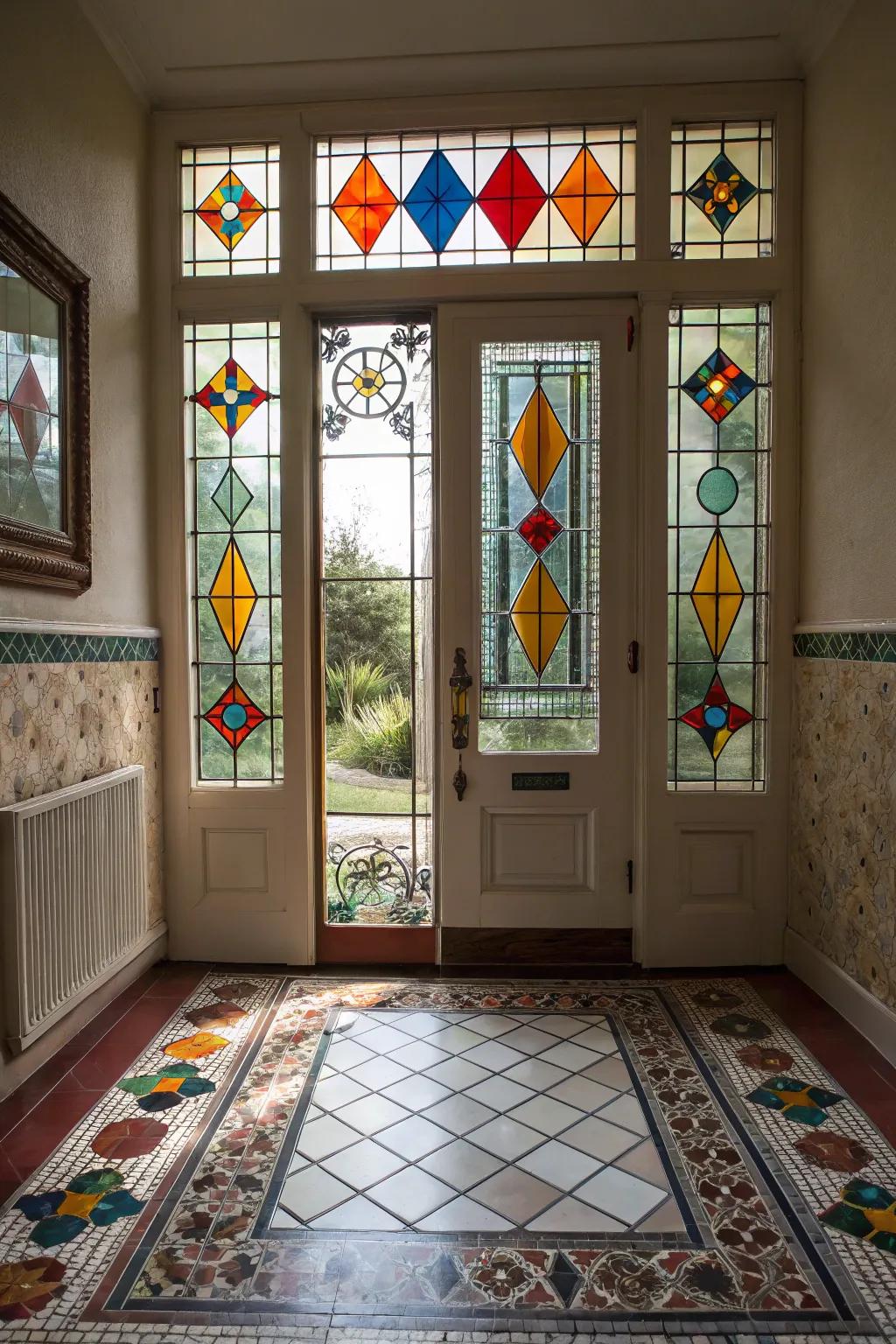 Geometric stained glass makes a strong design statement at your home's entrance.