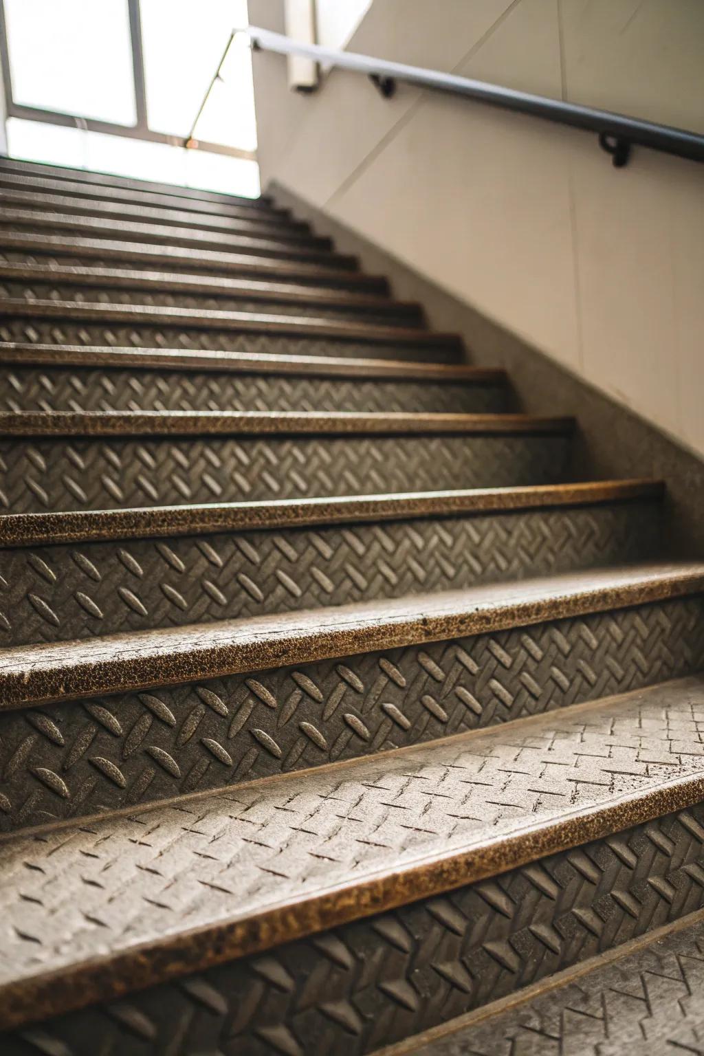 Embossed step mats provide both safety and a unique aesthetic appeal.
