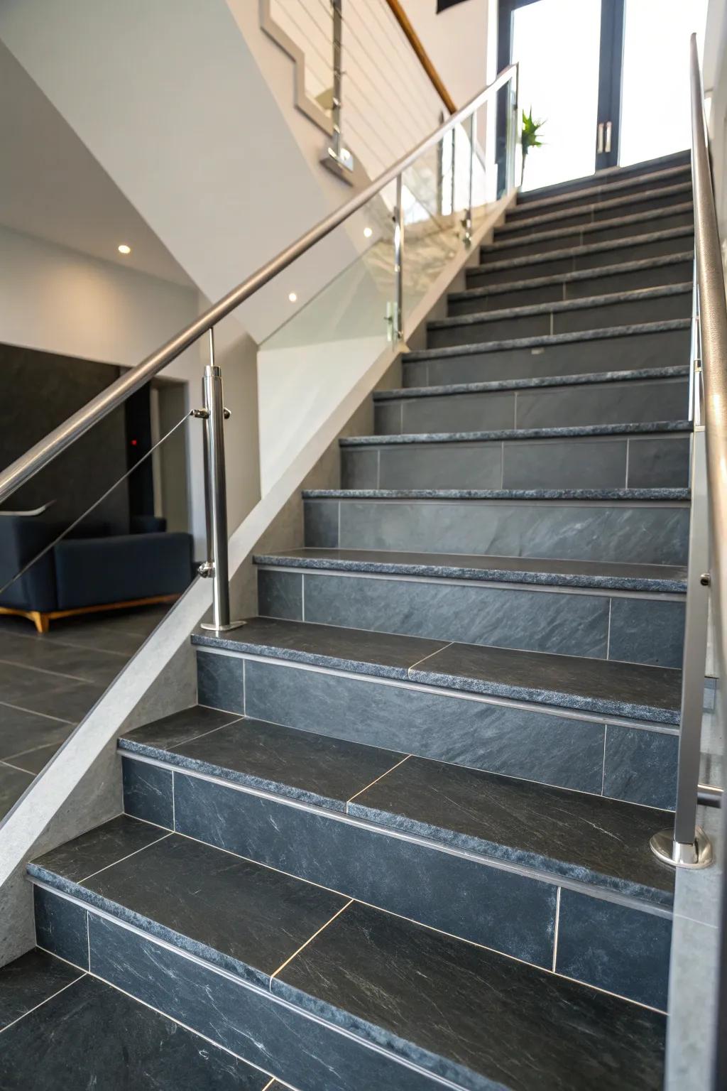 Refined stone slabs impart a modern flair to any staircase.