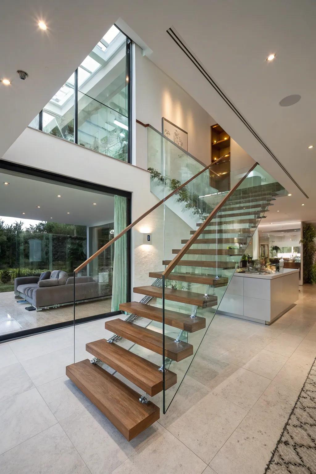 Floating steps fashion an airy, expansive ambiance in this contemporary residence.