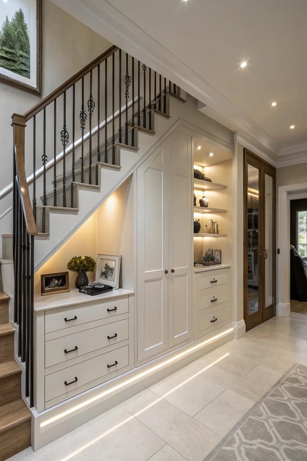 Sustain order with bespoke built-in cabinets beneath your staircase.