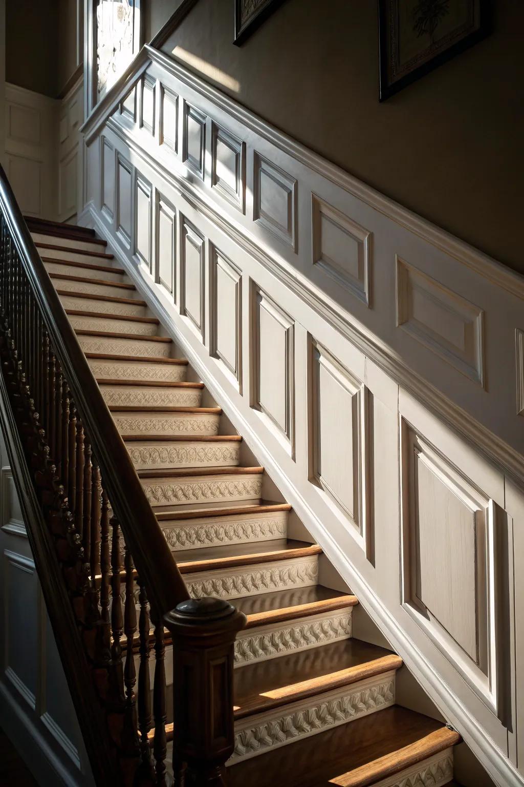 Dimensional panel decor adds richness and refinement to your staircase.
