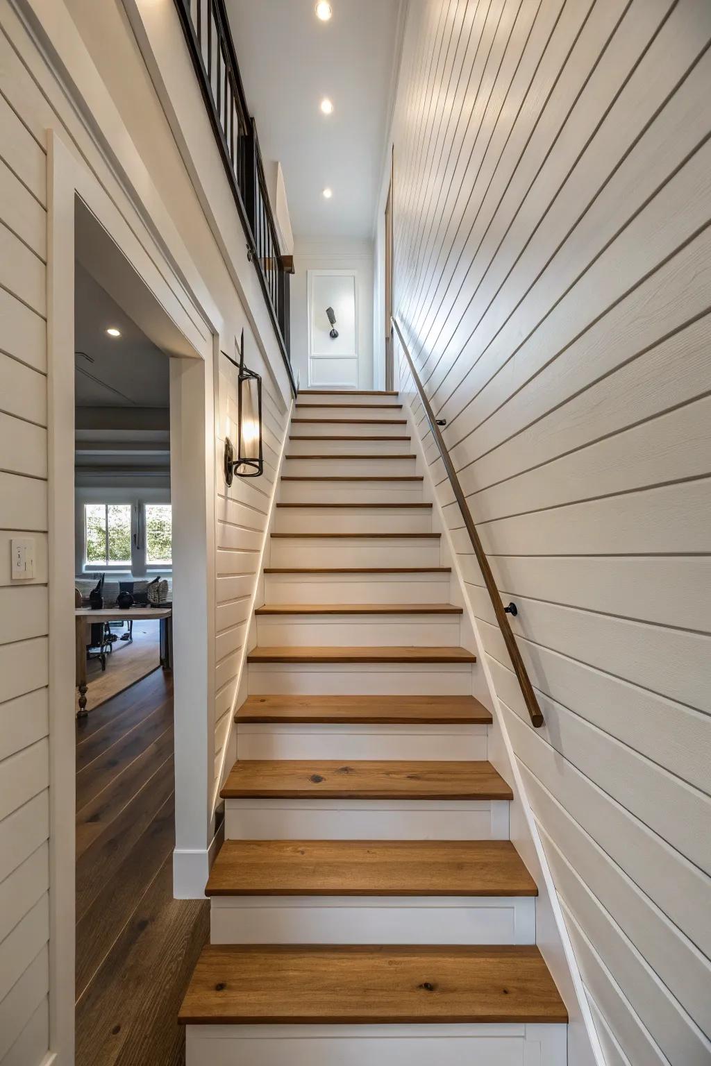 Contemporary plank walls introduce a tidy, structured style to your stairwell.