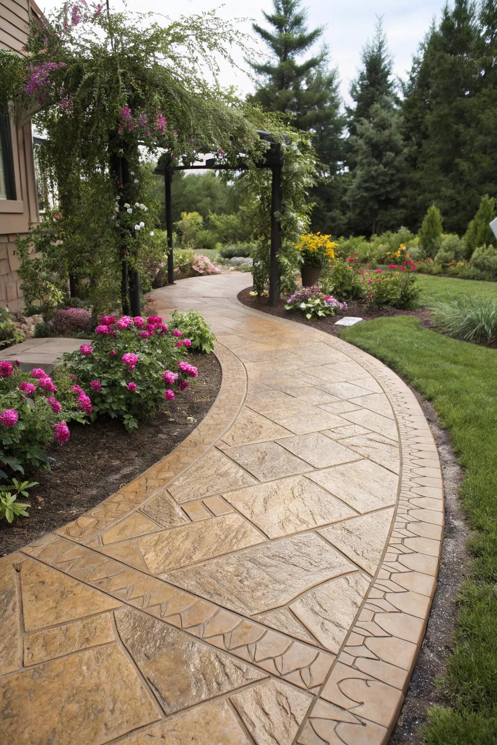 Earthy tints establish seamless harmony with nature in this garden walkway.