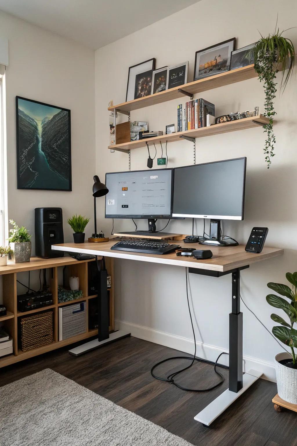 A dual monitor standing desk setup that enhances productivity and efficiency.