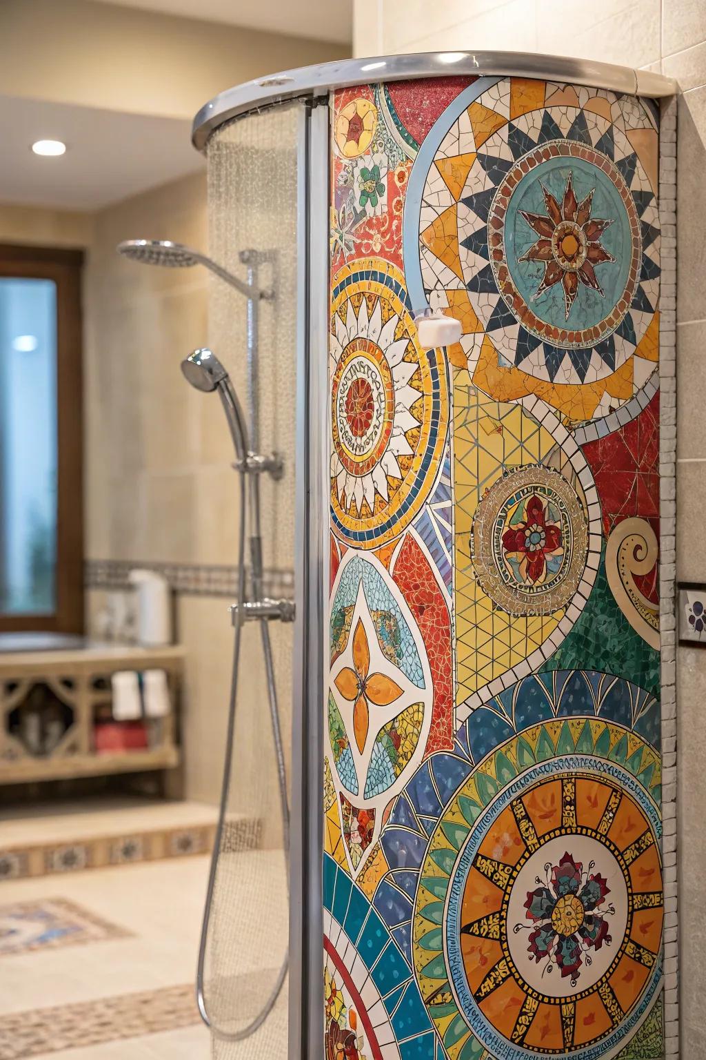 A mosaic tile design creating a vibrant, artistic focal point within a shower area.
