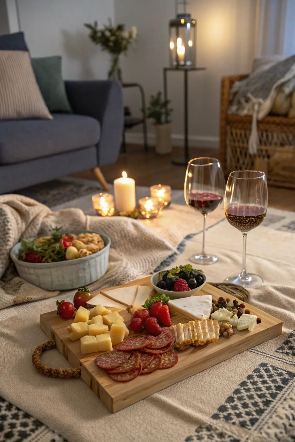 Delight in a cozy indoor picnic filled with tasty snacks and fine wine.