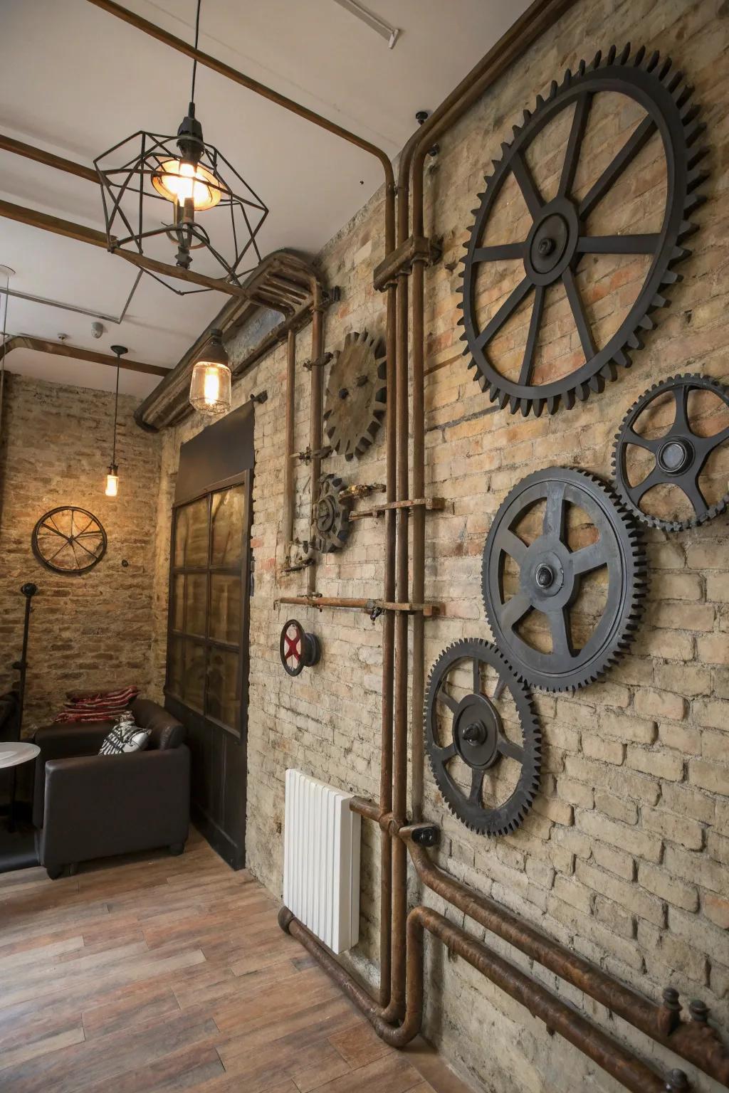 Uncovered brick walls impart a rustic charm to this steampunk-influenced interior.