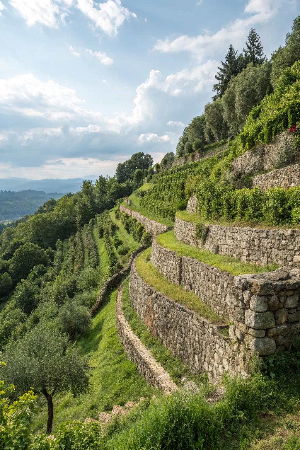 Rocks and stones add both structure and charm to hillside gardens.