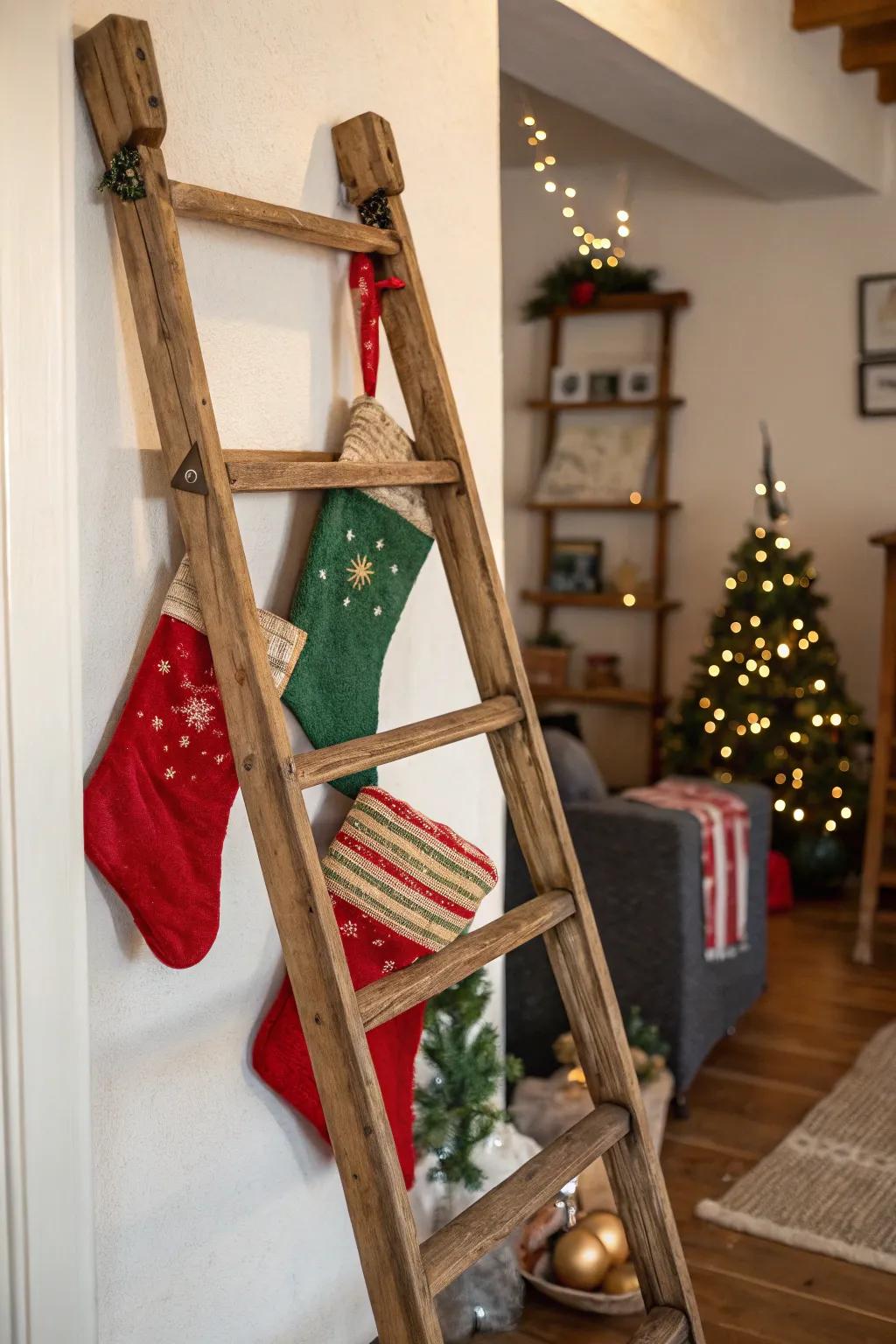 Rustic ladder with stockings creates a cozy farmhouse feel.