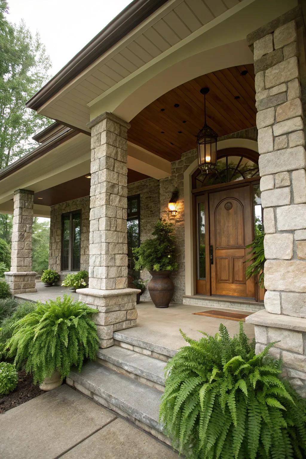 Stone pillars imbue a majestic sensation to your home's welcome.
