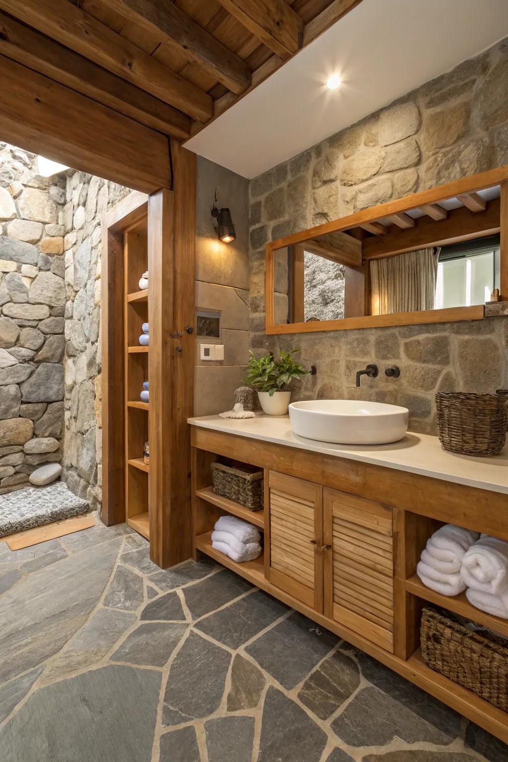 A bathroom displaying a fusion of stone and timber features, including timber shelving and stone flooring.
