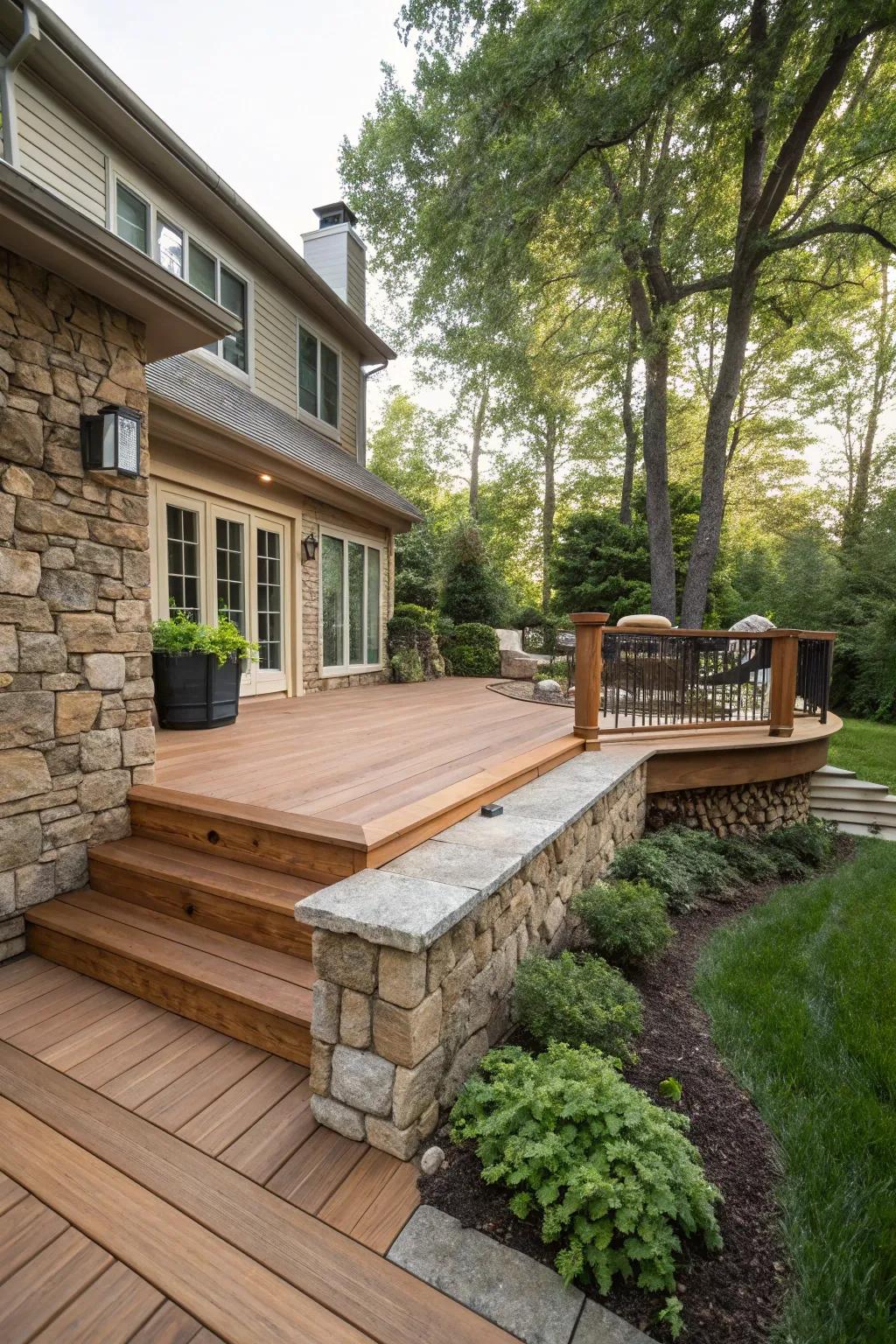 An amicable mix of rock and lumber skirting that imparts homespun charm to the deck.