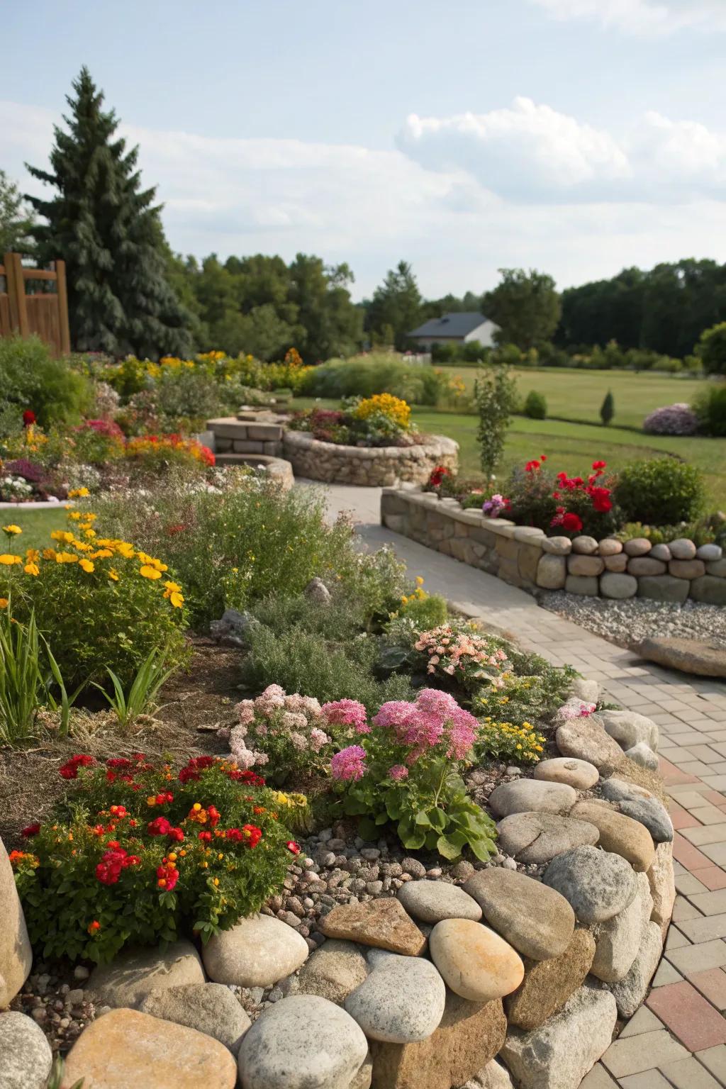 Enchanting stone borders outlining abundant garden patches.