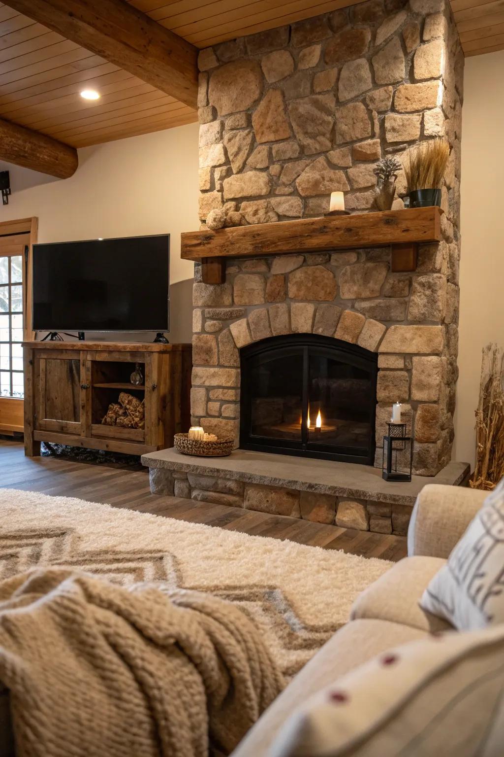 Welcome country charm with a stone hearth that beautifully complements your advanced television.
