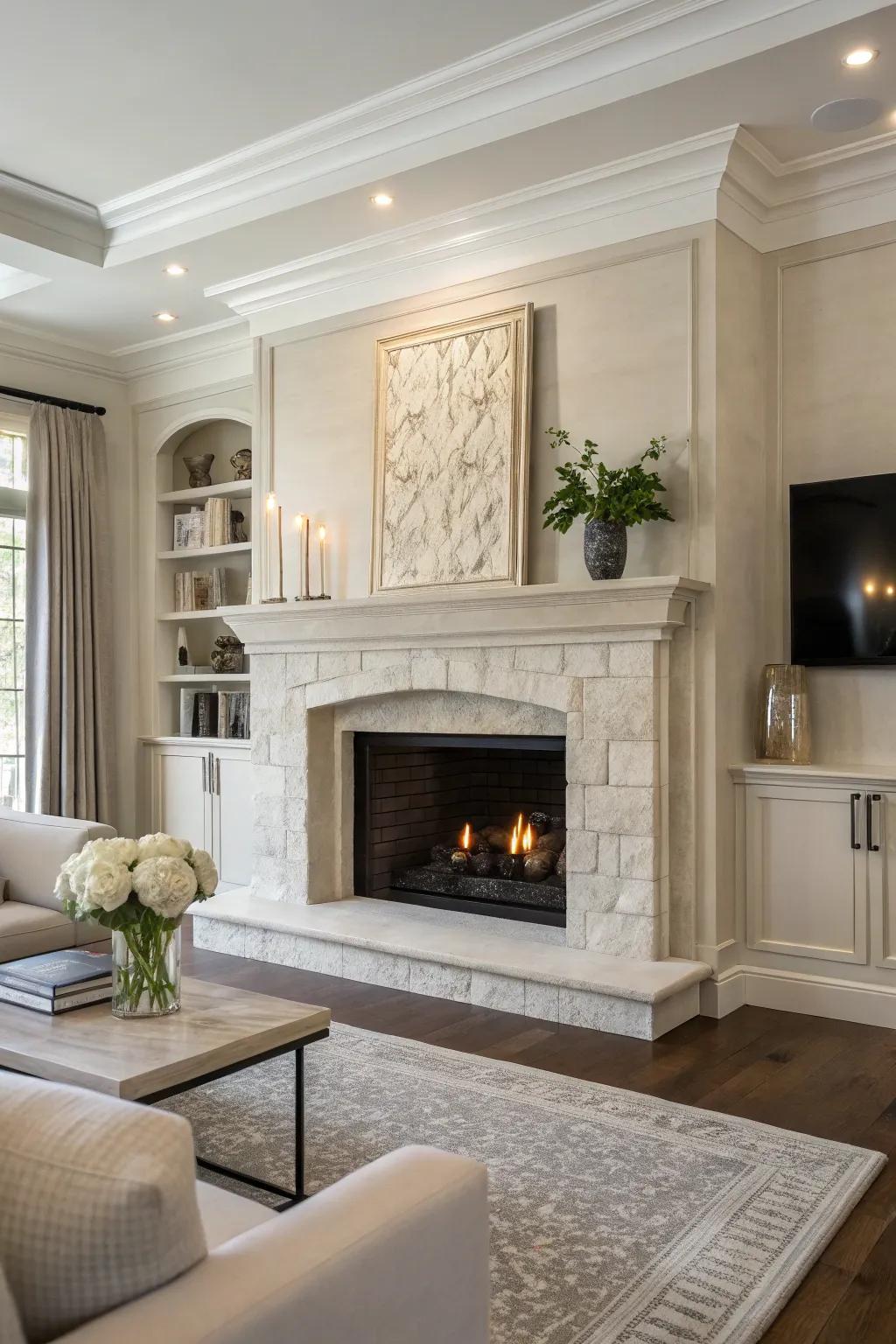 A modern space featuring a minimalist stone fireplace and mantel, emphasizing clean lines.