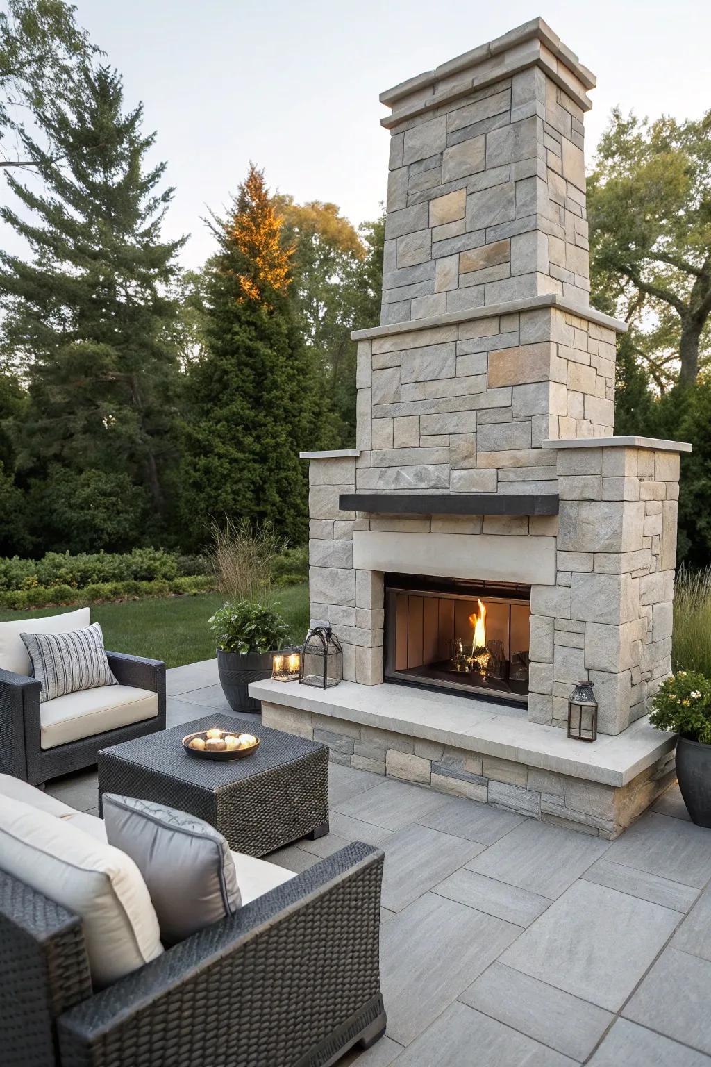 Modern beauty featuring a flat stone fireplace.