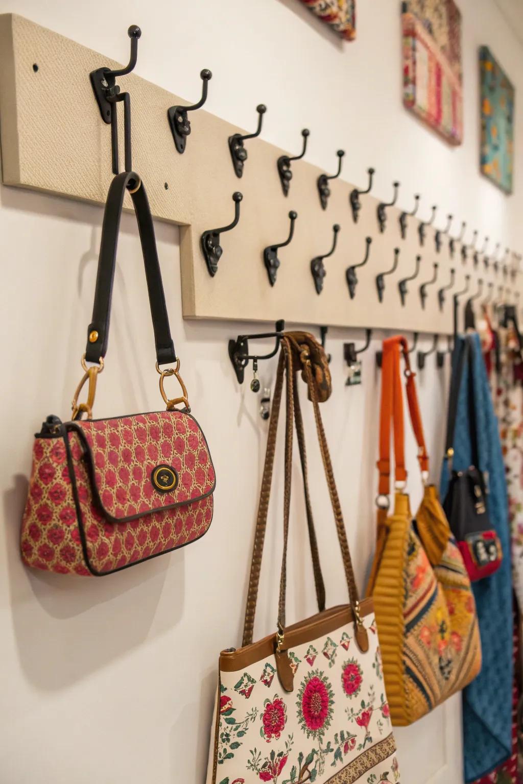 Stylish handbags elegantly arranged on decorative hooks.