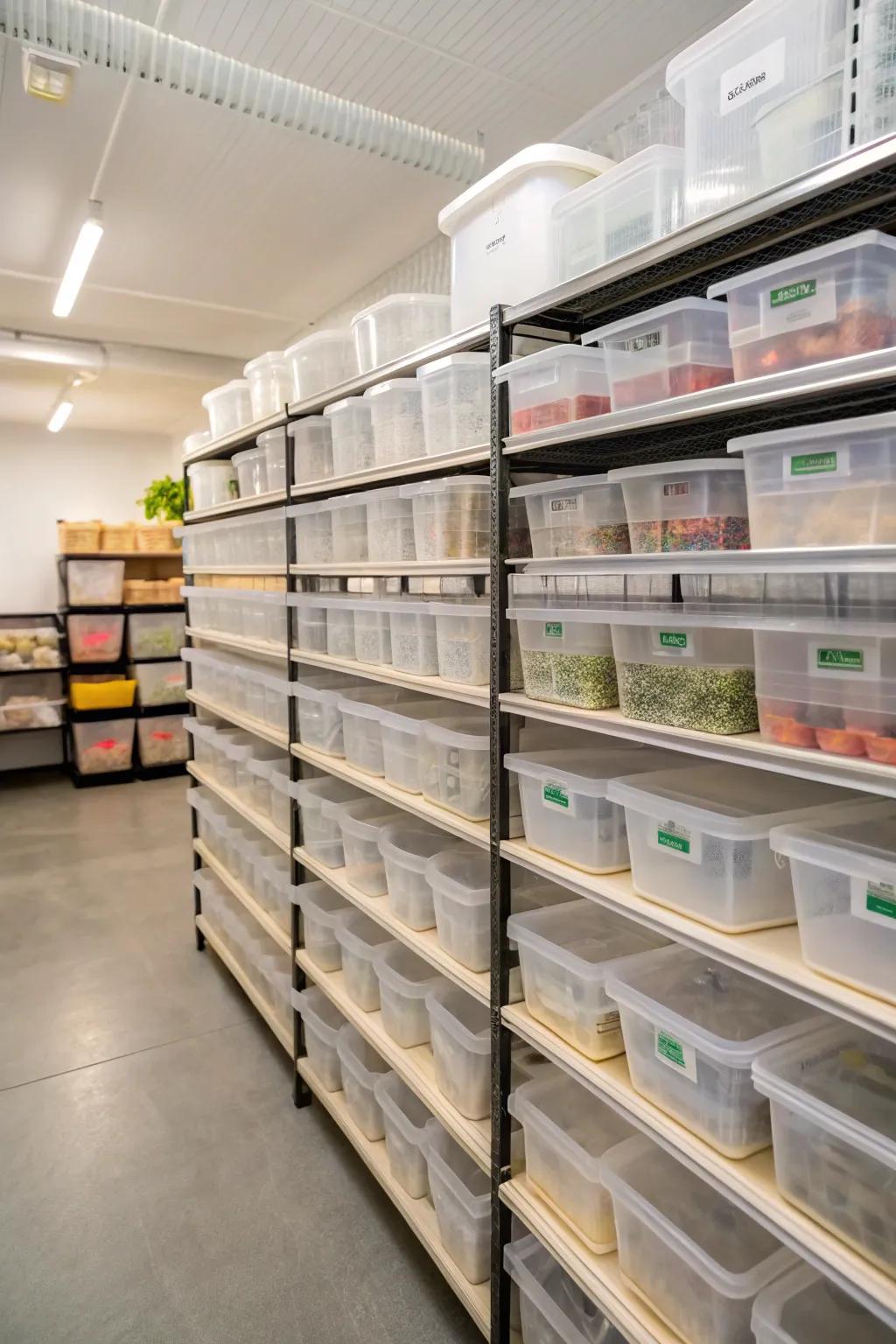 See-through bins make it straightforward to view what's stored within.