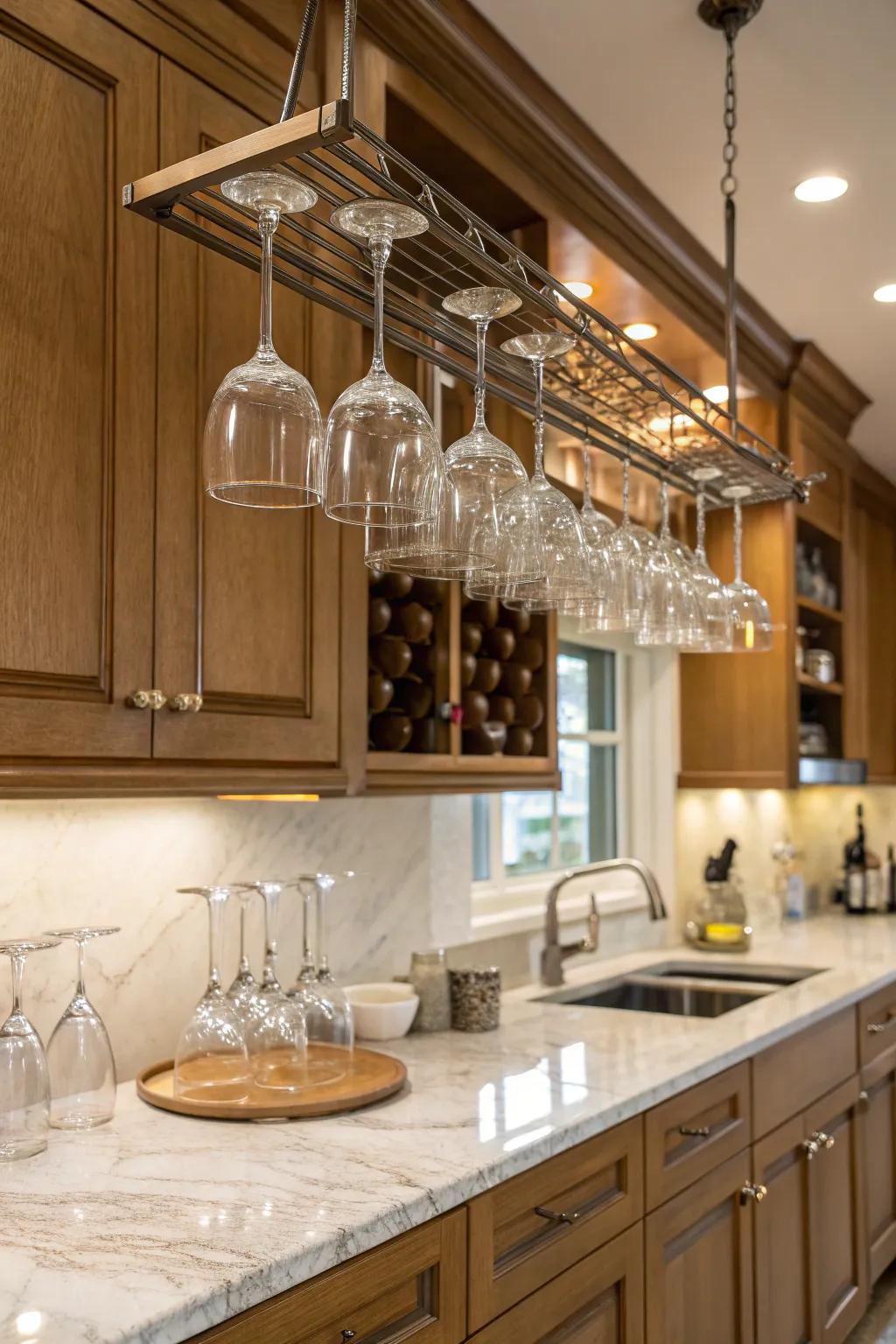 Hanging organizers provide stylish and space-efficient storage for stemware.
