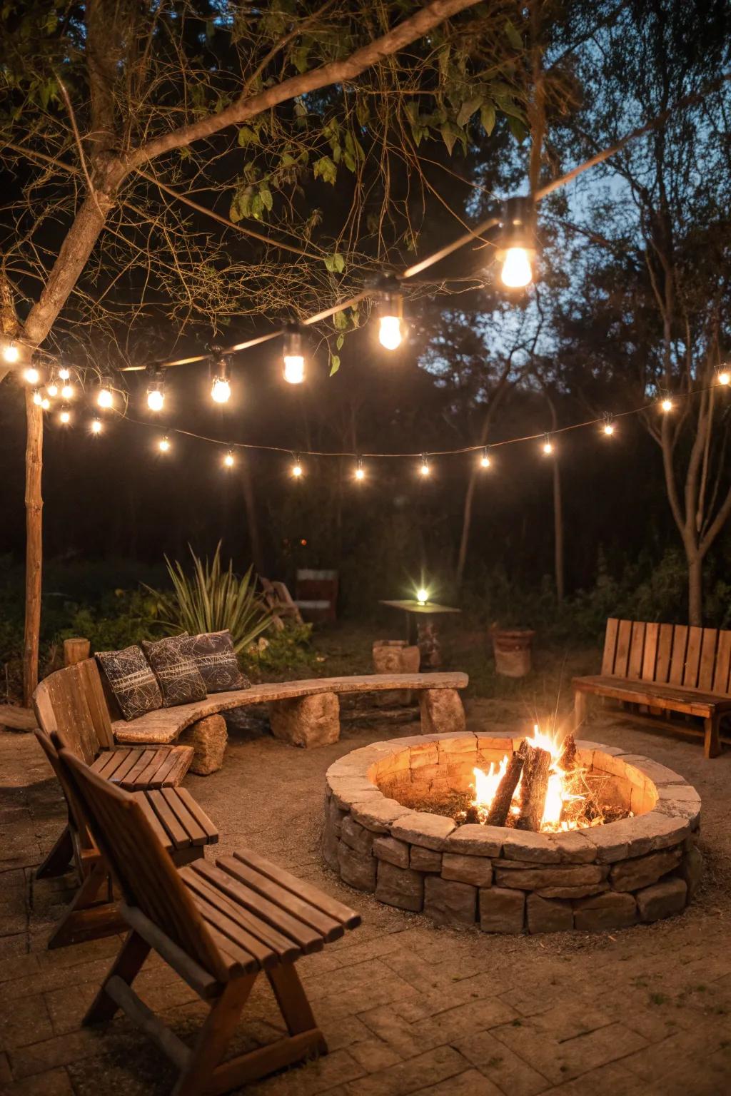 Edison bulbs offer a warm, nostalgic glow above the fire pit.