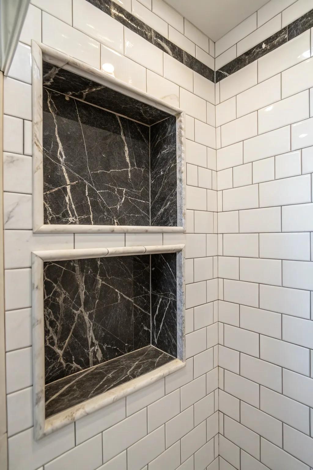 An elegant niche with contrasting marble tiles.