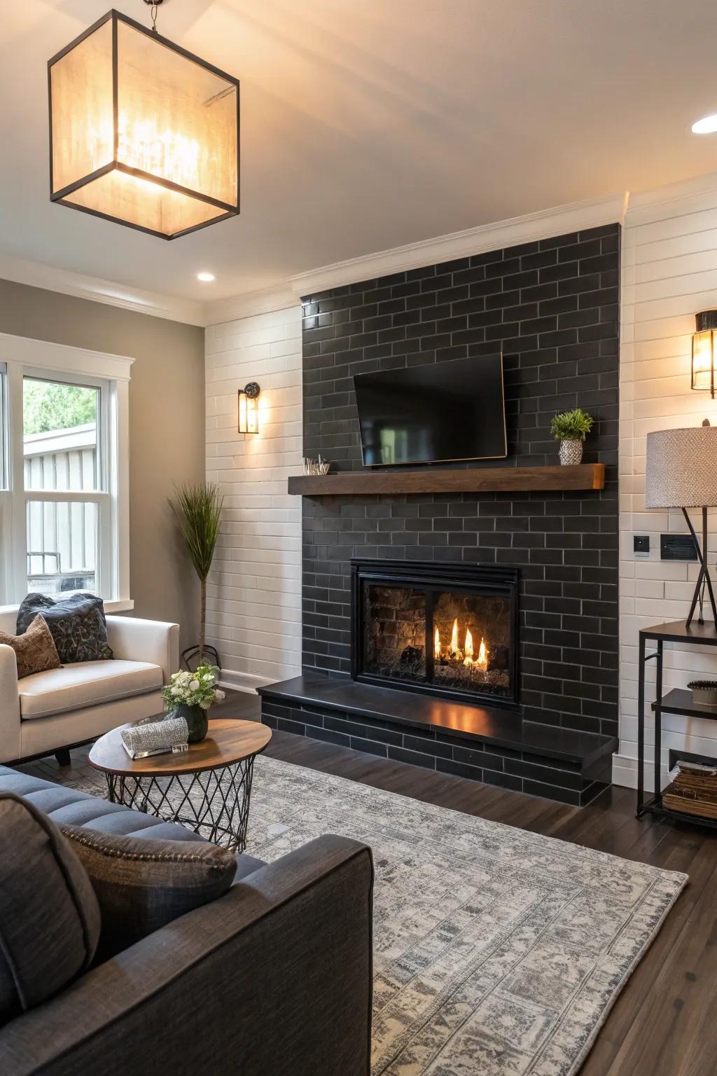 Dark tiles make a bold statement in this fashionable living space.