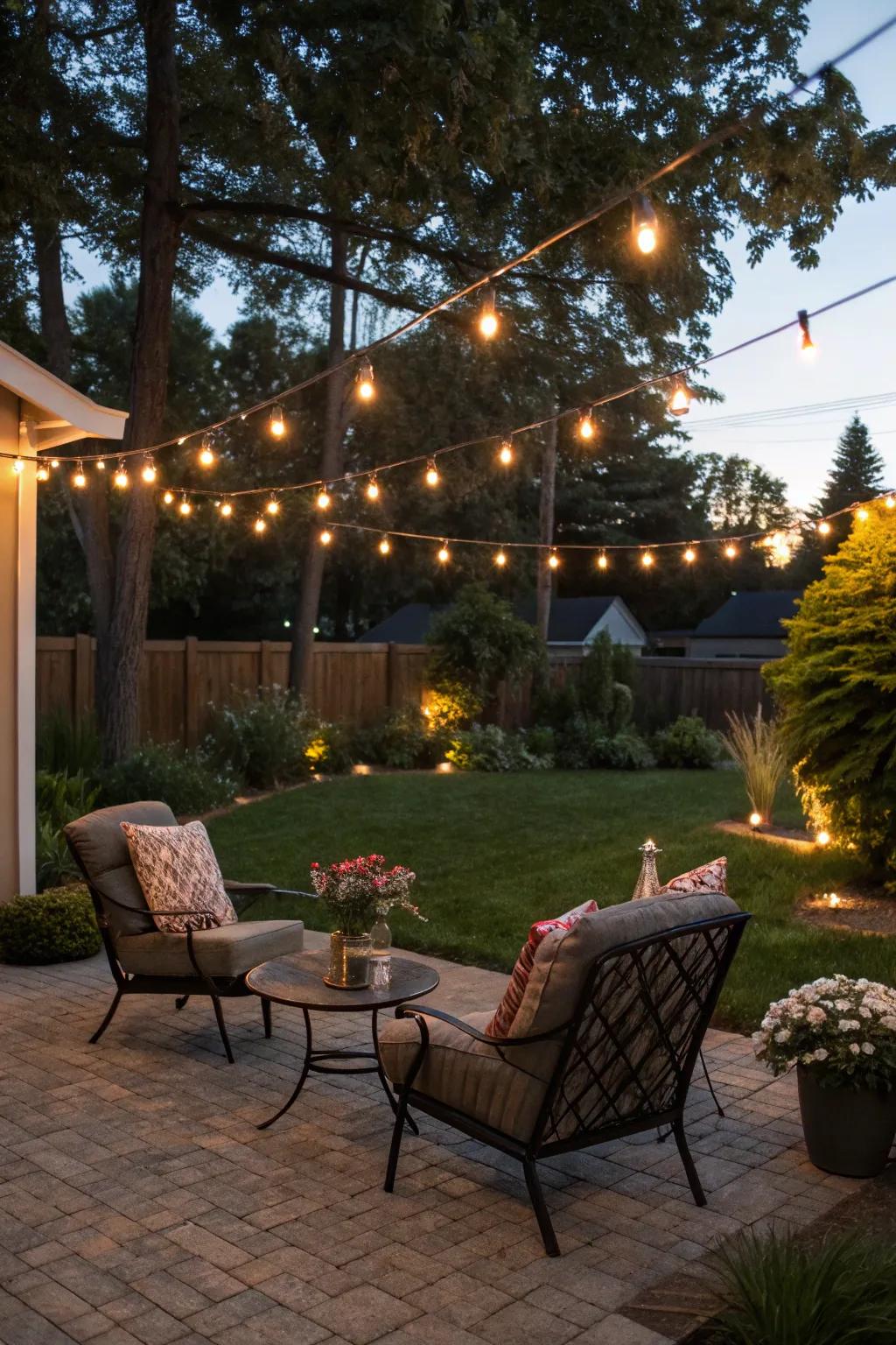Illuminate your backyard with the captivating glow of string lights.